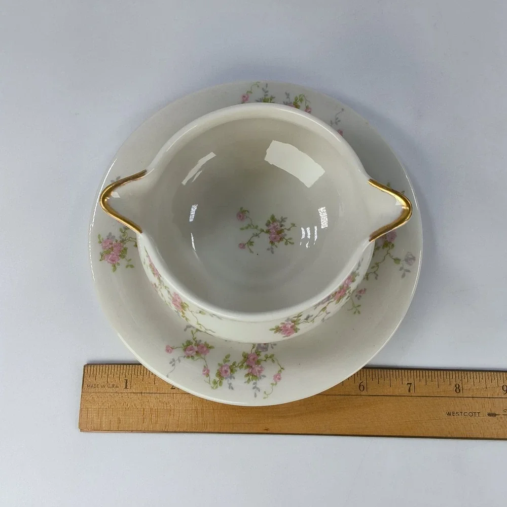 Theodore Haviland New York Pink Spray Gravy Boat Attached Underplate Gold Trim